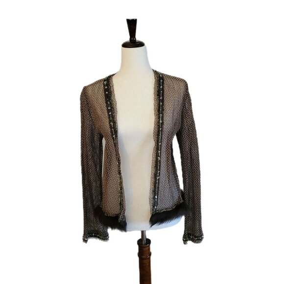 Pazuki London Sheer Embellished Cardigan with Beads and Fur - Picture 1 of 10